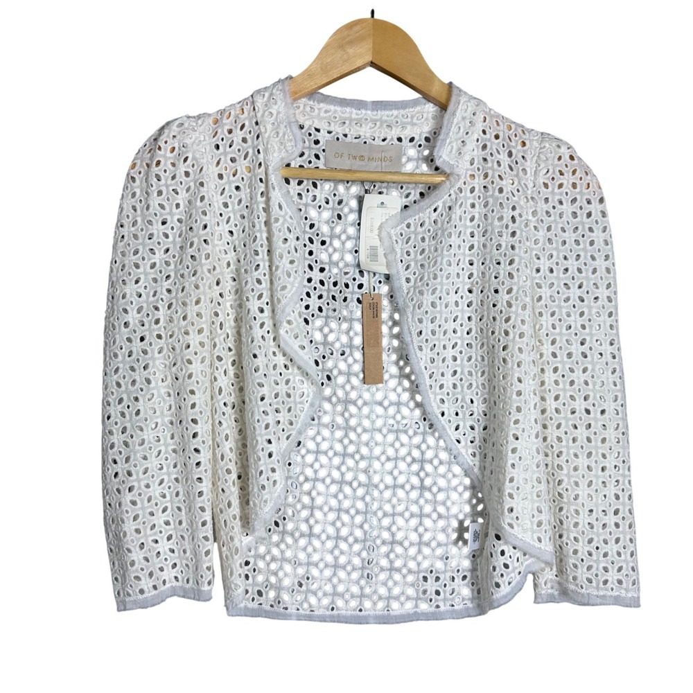 Of Two Minds White Eyelet Lace Open Front Jacket Cotton Bolero Made in USA P‎